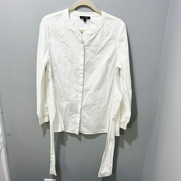 St. John Women's Ivory White Button Up Blouse Sz 10 Tie Metallic Detail Cuffs - Picture 1 of 12